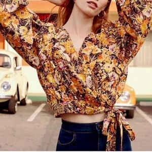 Free People Yellow Floral Wrap Blouse